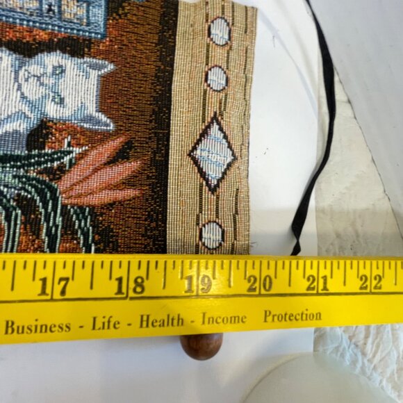 Vintage Cat Theme Woven Tapestry Wall Hanging 21" X 5.75" With Wooden Rod & Loop - Picture 4 of 9